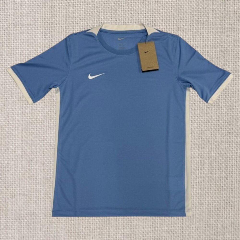 NWT Nike Dri-Fit Blue-White Vented Embroidered Short Sleeve Soccer Jersey Large